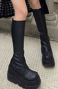 Boots Brand Design Cool Big Size 43 S Ins Hot Sale High Heels Black Punk Gothic Style Street Women Platform Shoes Knee High Boots Z0605