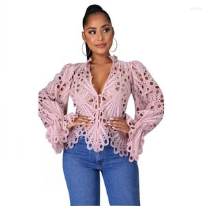 Kvinnors T -skjortor 2023 Solid Elegant Long Sleeve Hollow Out Mesh Lace Shirt Sheer See Through Top Blue Clothing Dashiki African For Women