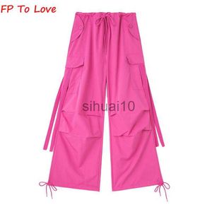 Calça Feminina Capris Y2K Bolso Cargo Pants Mulher Calça Solta Perna Larga Cinto Rosa Chocante Cinto Campus PB ZA Feminino Amarelo Vermelho Cinza Preto J230605