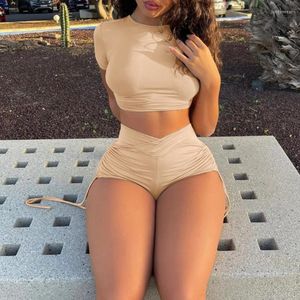 Women's Tracksuits Fashion Spring Round Neck Drawstring Short Sleeve Open Back Top With Hip Lift Sexy Two Piece Set