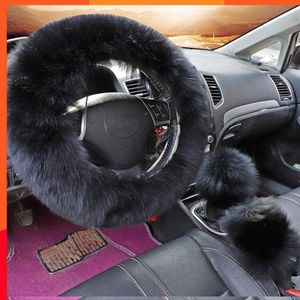 New 3PCS Winter Soft Warm Long Wool Fuzzy Steering Wheel Cover Woolen Handbrake Car Accessory Sheep Fur Plush Protector Cover Kit