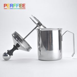 Tools Manual Milk Frother Stainless Steel Hand Pump Creamer Double Mesh Coffee Milk Foam Frothing Pitcher Froth Maker Jug 400/800 ML