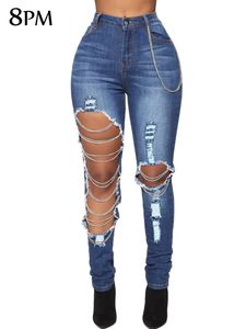 Women's Jeans Boyfriend Distressed Slim Fit Ripped Denim Pants Comfy Stretch Skinny Metal Chain Decoration ouc1471 230605