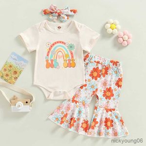 Giyim setleri 3pcs yeni doğan bebek kızlar yaz kısa kollu gökkuşağı romper tulumlar ve çiçek parlama pantolonları ve kafa bandı gündelik kıyafetler