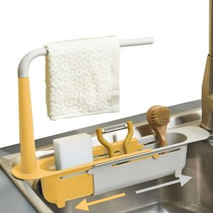 Hooks Rails Telescopic Sink Drain Rack Soap Sponge Holder Organizer Sink Shelf Hanger Expanderbar förvaringskorg Köksverktyg 230605