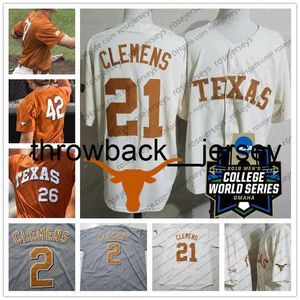 Thr NCAA Texas Longhorns #21 Roger Clemens 7 Masen Hibbele 27 Blair Henley 52 Zach Zubia Krem Beyaz Turuncu Gri Emekli Vintage Beyzbol Forması