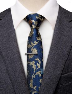 Papillon Cravatta sottile con stampa floreale jacquard per uomo Accessorio per camicia Blu navy Oro 6,5 cm Cravatta e clip da uomo Moda matrimonio