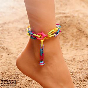 Anklets Hiphop Fashion Colorful Plastic Chain Stackable Anklet Women Boho Beads Ball Pendant Ankle Bracelet Girl Summer Beach Foot