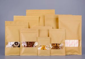 Flat Bottom Kraft Paper Clear Window Zip Lock Packaging Bag Resealable Coffee Powder Gift Storage Pouches