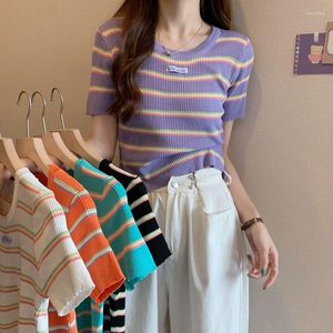 Women's T Shirts Women 2023 Summer Fashion Short-sleeved Sweater Tops Female O-neck Slim Short T-shirt Ladies Striped Knitted Tees A72