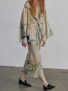 Casual Dresses Natural Silk Print Wrap med långa ärmar Eleganta sommarkläder av hög kvalitet för kvällstrandfest kvinnor kläder
