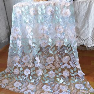 Fabric 1 yard Gorgeours Blue Pink Flower Lace Fabric Floral Embroidered Tulle Fabric for Dress Bridal Veil Sewing Materials 51" Width