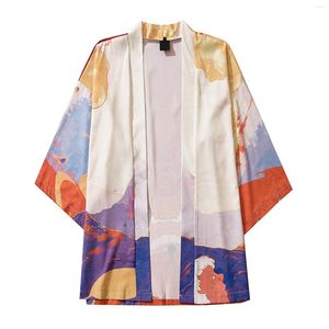 Mäns avslappnade skjortor Öppet täcker Löst ärm Cardigan Print Front Style 3/4 Up Japanese Men's Men Work Tops