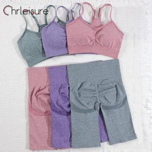 Yoga outfit Chrleisure Women Yoga Shorts Set Seamless Summer Fitness Solid Bh Set Push Up Shorts Workout Gym Outfits Sportwear Yoga Set 230605