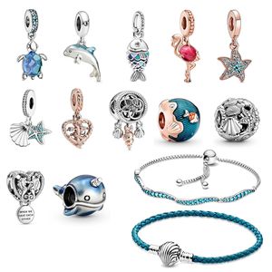 Ny S925 Sterling Silver Color Ocean Series Flamingo Starfish Shell Charm Fit Original Pandora Armband för kvinnor smycken gratis leverans