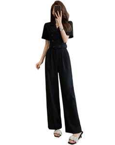 Schwarzer Damen-Jumpsuit mit Blazerkragen, kurzen Ärmeln, Schärpen und Gürtel und langen Hosen SMLXL