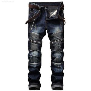 2023 New Designer Fashion Men's Jeans Slim Fit Straight Zip Fold Pants