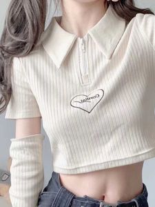 T-shirt DeepTown Korean Streetwear Crop Top Sweetheart Hafdery Polo Szyjka Koszulka Casual Prosty Stripe T-shirt P230603