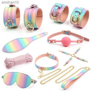 Luxury Rainbow Color BDSM Bondage Kit Restraints Set Hand Blindfold Mouth Ball Gag Hogtie Bondage Rope Erotic Sex Products L230518