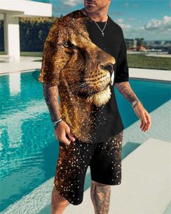 Tracksuits Summer Ferocious Lion Print Tight Fit Men's Extra Large T-shirt Beach Shorts Athletic Wear O-Neck Track Suit Set P230605