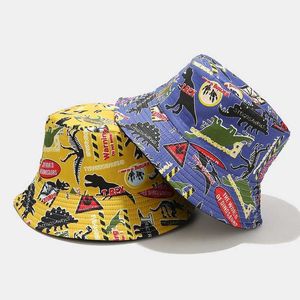 Chapéus de aba larga 2022 algodão dos desenhos animados impressão dinossauro barril pescador viagem ao ar livre chapéu de sol masculino e feminino 53 G230603