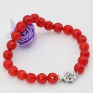 Link Bracelets Red Women Semi-precious Jades Chalcedony Stone Faceted Round 8mm Beads Gifts Silver-color Flower Clasp 7.5inch B2707