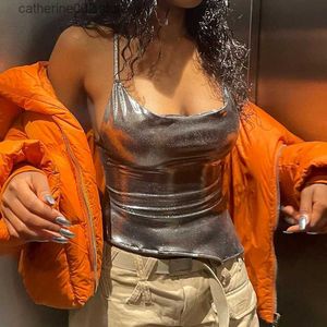 Canotte da donna Camis Halter Silver Cami Metallic Crop Top Glitter Grunge Canotta Gilet asimmetrico Y2K Shiny Cyber Punk Fashion For Women 2022 T230605