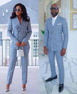 Men's Suits Modern Couple Sky Blue Check Business Casual Women And Men Slim Fit Blazer Sets Wedding Groom Party Elegant Dress 2 Pieces