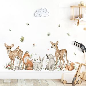 Cartoon Watercolor Forest Animals Deer Plant Wall Sticker Nursery Vinyl Children's Wall Art Decals for Baby Kids Room Home Decor