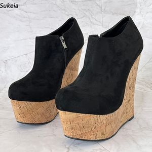 Sukeia Sapatos de festa femininos com plataforma, zíper lateral, cunha, salto redondo, clássico, preto, EUA, tamanho grande 5-20