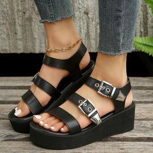 s Summer Punk Sandals Women Height Increase Ladies Platform Riveted Buckle Shoes Leather Motorcycle Goth Black Casual Increae Ladie Shoe Caual