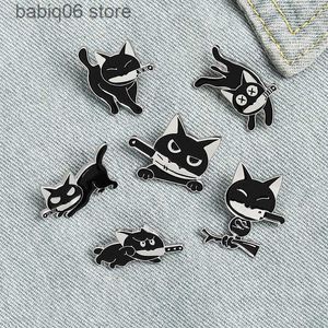 Alfinetes Broches Criativos Novos Desenhos Animados Pequeno Gato Preto Boca com Faca Série Estilo Jóias Pulseira Travesso Pequeno Gato Preto Roupas Emblema T230605