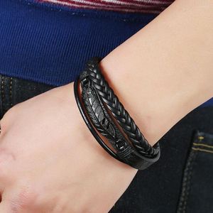 Charm Bracelets 2023 Fashion Black Stainless Steel Bracelet Men Leather Double Layer Braided Rope Jewelry Single Feather Boyfriend Gift