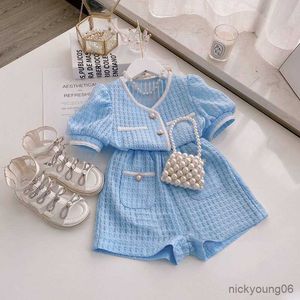 Clothing Sets 2023 Summer Girls' Set Blue Color Vintage Children Clothes Plaid Blouse Shirt and Shorts Children's Wholesale