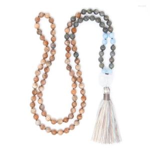 Kolye Kolyeleri 8mm Güneştaşı Labradorite Mala Kolye 108 Boncuklar Düğümlü Manevi Takı Çiğ Q-Uartz Püskül Yaka