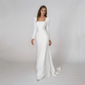 Elegancka satynowa sukienka ślubna A Square Szyj Długie rękawy Backless Party Bridal sukienka Bride sukienka Summer Boho vestido de noiva