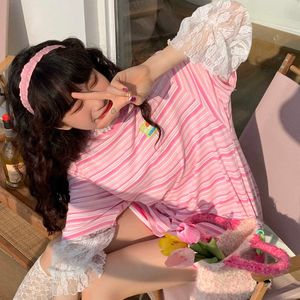 T-Shirt Deeptown Harajuku gestreift Damen Kawaii Mädchen Urlaub großes lässiges rosa T-Shirt Kurzarm Sommer Top Korea P230603