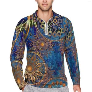 Polos Masculinos Celestial Steampunk Camisas Pólo Soltas Men Blue Gold Mandala Manga Longa T-Shirts Casuais Engraçadas Camisa Gráfico Diária Tamanho Grande 5XL