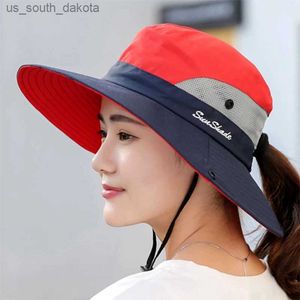 女性の夏のメッシュワイドブリムサンUV保護帽子ポニーテールホール女性ポニーテールサファリサンハットL230523