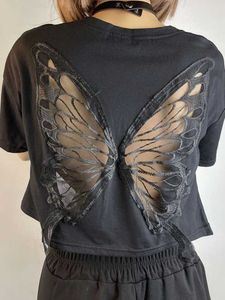 T-Shirt Deeptown Harajuku Lace Butterfly Crop Women's Vintage Street Clothing Sexy Black Mesh Top Aesthetic Hollow Groove T-shirt Summer P230603