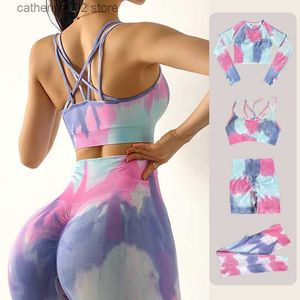 Women's Tracksuits Tie Dyeing Women's Sportswear Set Workout Clothes Wear Sports Gym Clothing Fitness Legging Bra Crop Long Sleeve Gym Set T230605