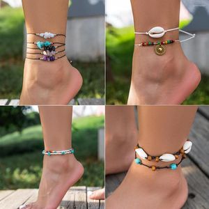 Anklets Bohemian Irregular Multicolour Natural Stone Rope Chain Anklet Handmade Beads Shell Women Vintage Sandals Barefoot Beach Jewelry