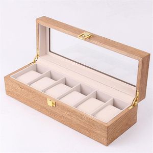 Titta på lådor Fall trälåda Holder Storage Display Organizer Luxury Retro Solid Wood Walnut Transparent Glass 6 Epitopes Watche220N