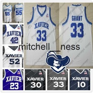 MIT8 NCAA Xavier Silahşörler #33 Brian Grant 23 Byron Larkin 30 David West 42 Tyrone Hill College Basketbol Beyaz Gri Mavi Siyah Jersey S-4XL