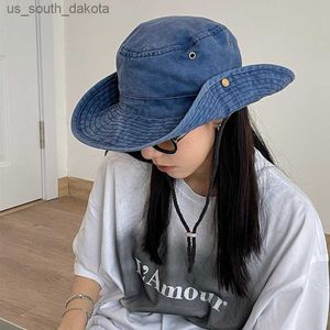 2022 blau Cowboy Eimer Hut mit String Männer Denim Strand Sonnenhut für Frauen Outdoor Frühling Sommer Fischer Hut L230523