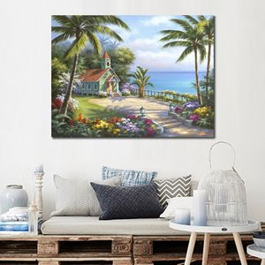 Contemporânea Seascape Canvas Art Wall Art Island Chapel Sung Kim Painting Handmade Handmade Colorful Art for Nursery Room