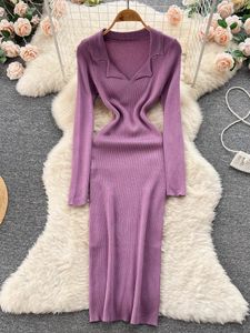 Casual Dresses Purple Women Knitted Pencil Dress Korean Long Sleeve Lapel Elastic Slim Autumn Winter Sexy Bodycon Warm Sweater