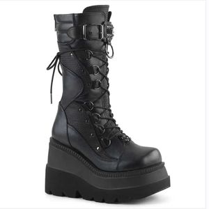 Boots Autumn Winter Punk Halloween Witch Cosplay Platform High Wedges Heels Black Gothic Calf Boots Women Shoes Big Size 43 Z0605
