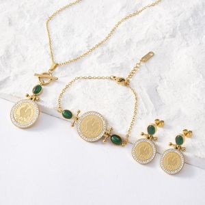 Necklace Earrings Set 2023 Feb Women's Fashion Jewelry Emerald Rooster Coin Stainless Steel Accessories Holiday Gift