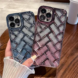 Capa de telefone Vogue com padrão trançado brilhante e luxuoso para iPhone 14 13 12 11 Pro Max XR XS Durável Elegante Slim Glitter Estampa xadrez capa traseira com proteção para câmera